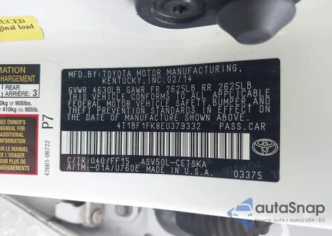 2014 Toyota Camry Se из США, поврежденный, VIN 4T1BF1FK8EU379332